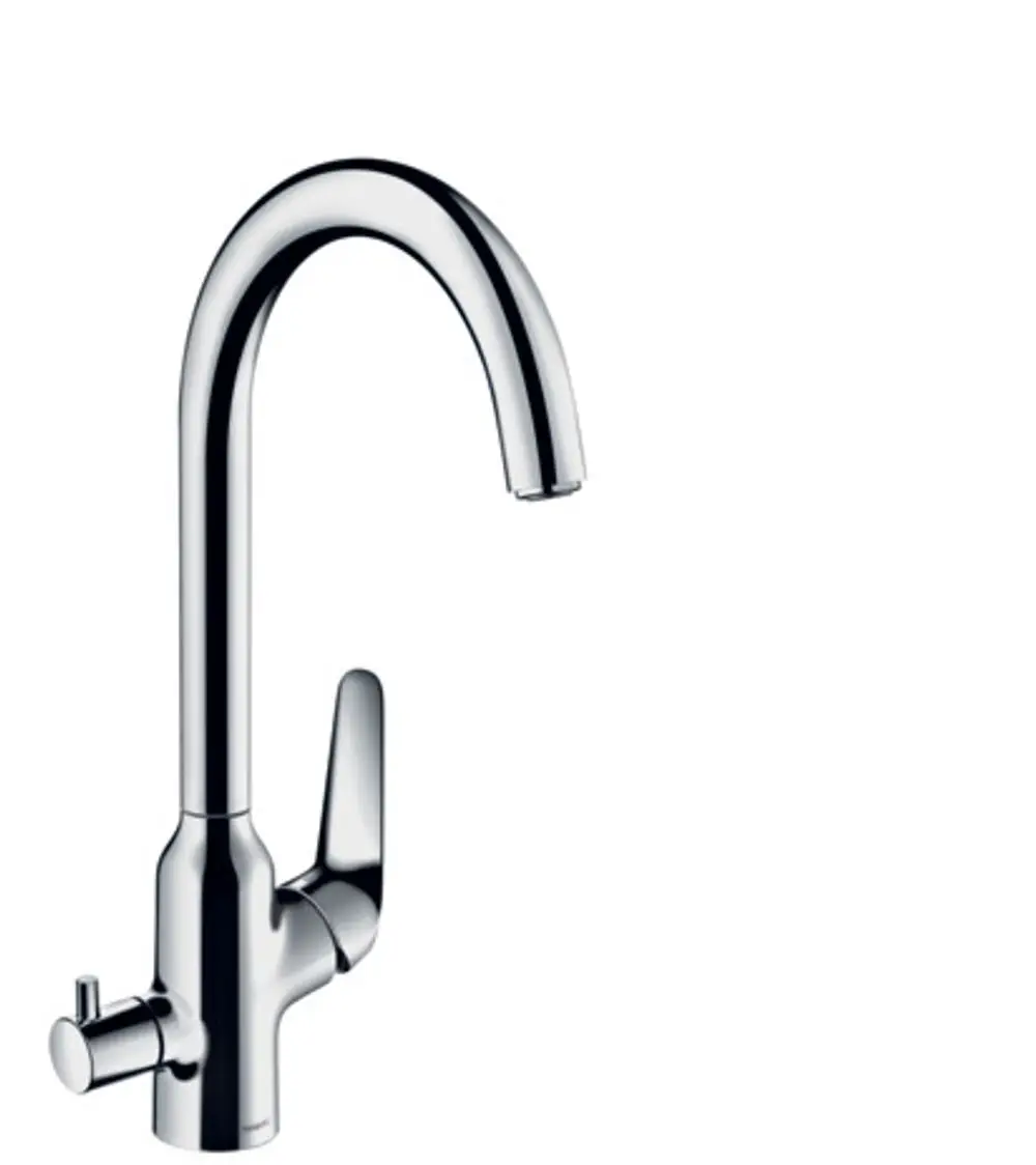 Hansgrohe Spültischmischer mit einem hohen, geschwungenen Auslauf und einem Hebel, ausgeführt in glänzendem Chrom. Gerät ist mit einem Absperrventil ausgestattet.